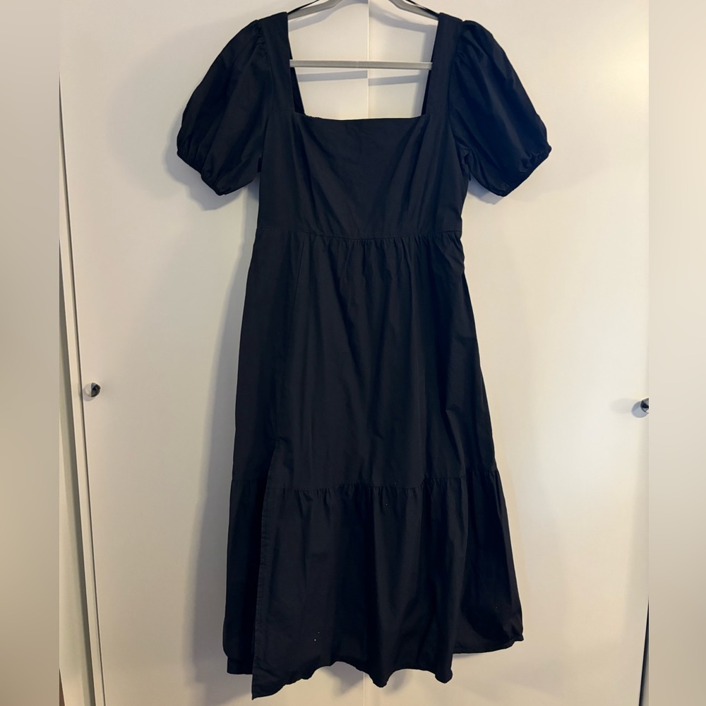 Tiered Black Lined Cotton Dress, Puff Half Sleeves and Leg Slit, very cute!